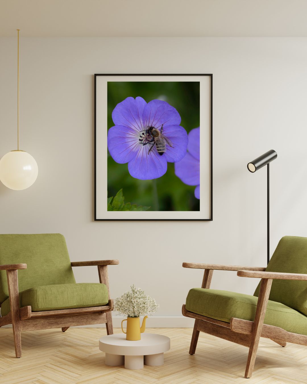 Fine Art Print - Purple flower with honeybee I. Visit the gallery to the norwegian photographer Eva Virkesdal Eidsheim.