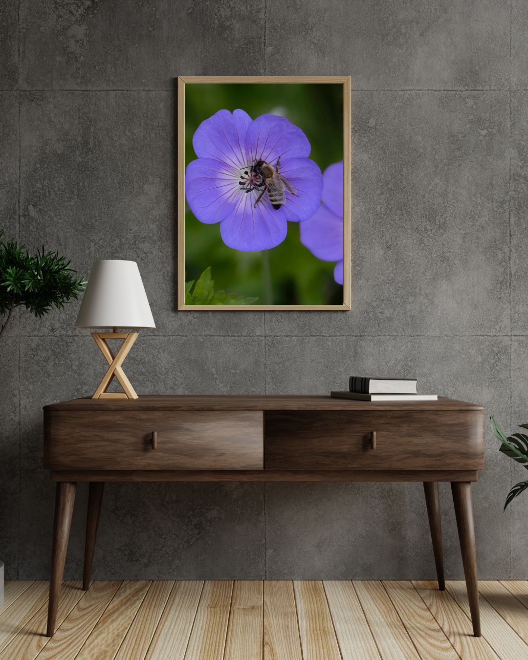 Fine Art Print - Purple flower with honeybee I. Visit the gallery to the norwegian photographer Eva Virkesdal Eidsheim.