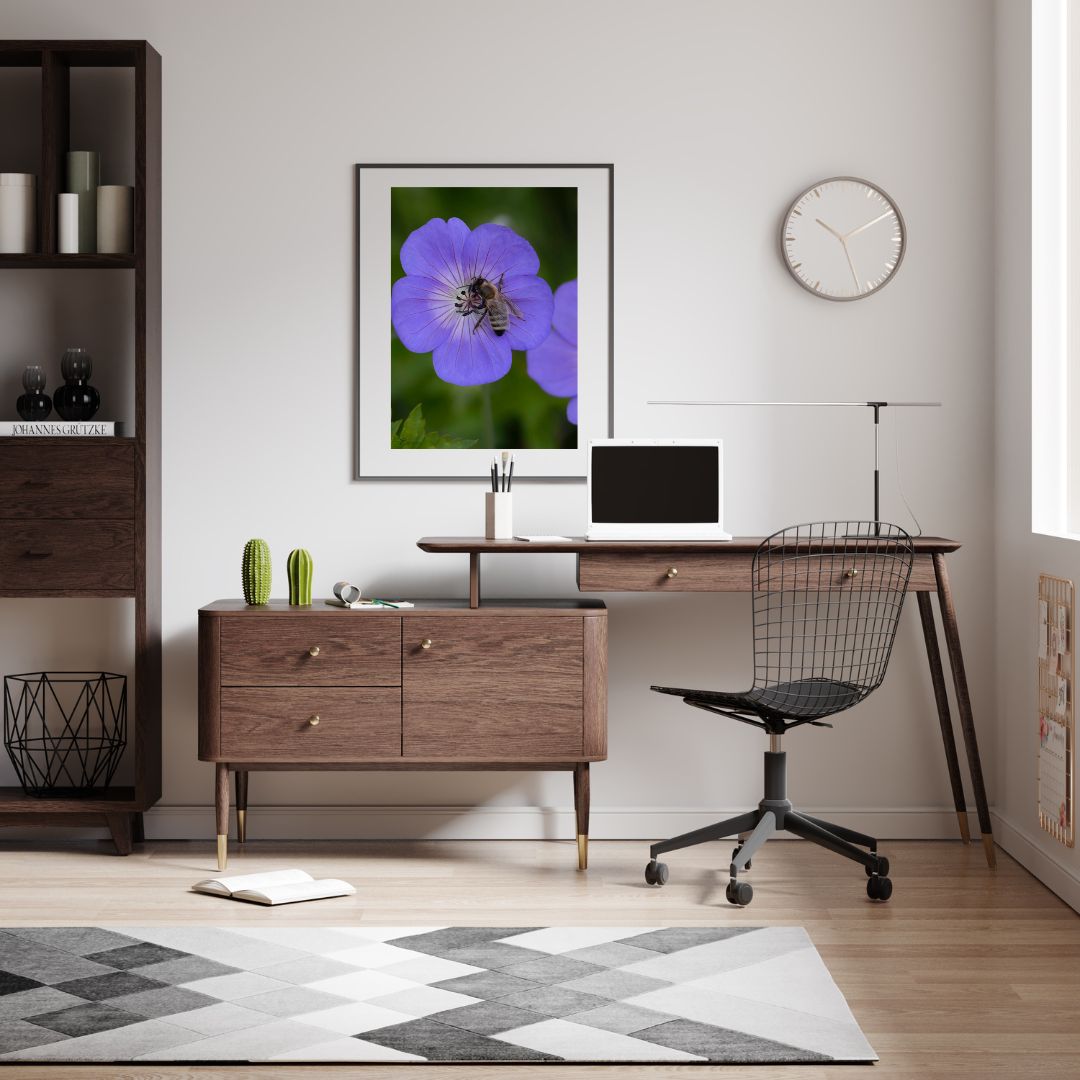 Fine Art Print - Purple flower with honeybee I. Visit the gallery to the norwegian photographer Eva Virkesdal Eidsheim.